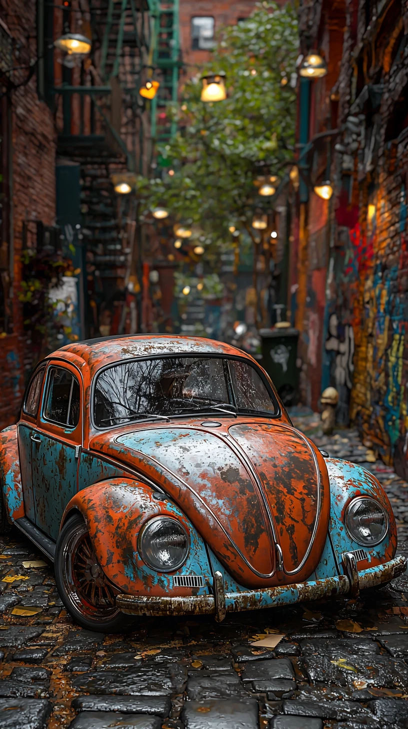 Coccinelle vintage rouillée garée dans une ruelle urbaine pavée
