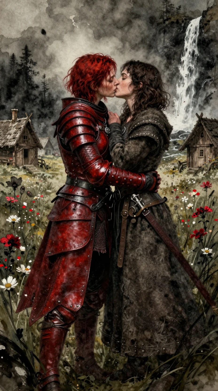 Warrior woman kissing villager in a medieval flower field
