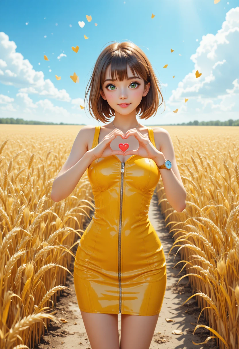 Ragazza anime sorridente con vestito giallo in un campo di grano soleggiato