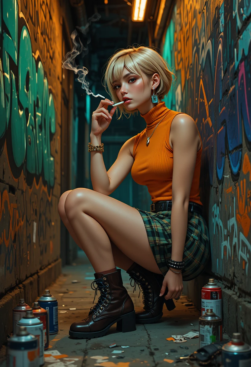 Blonde anime girl smoking in a gritty graffiti alley