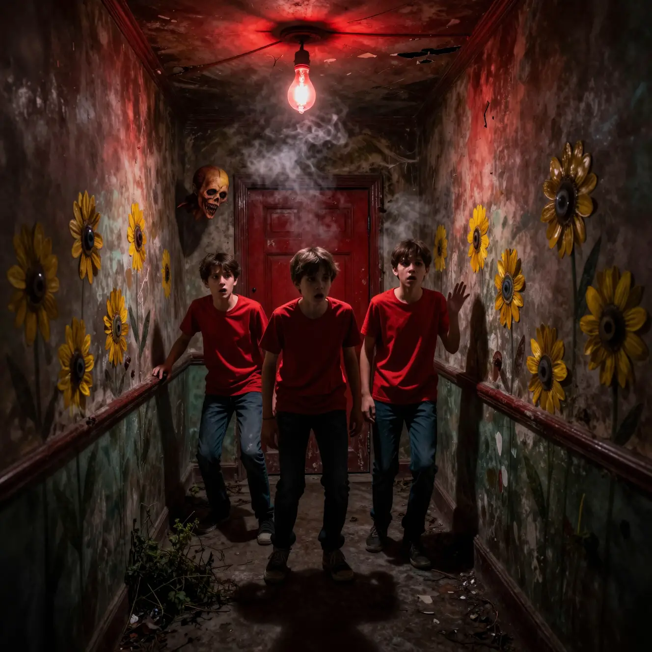 Three terrified boys in a haunted red lit corridor