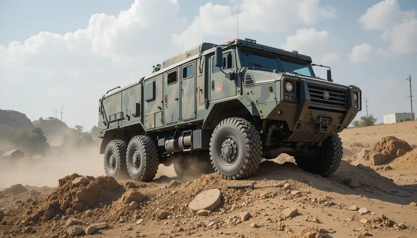 Armored 8x8 vehicle climbing obstacles on test range