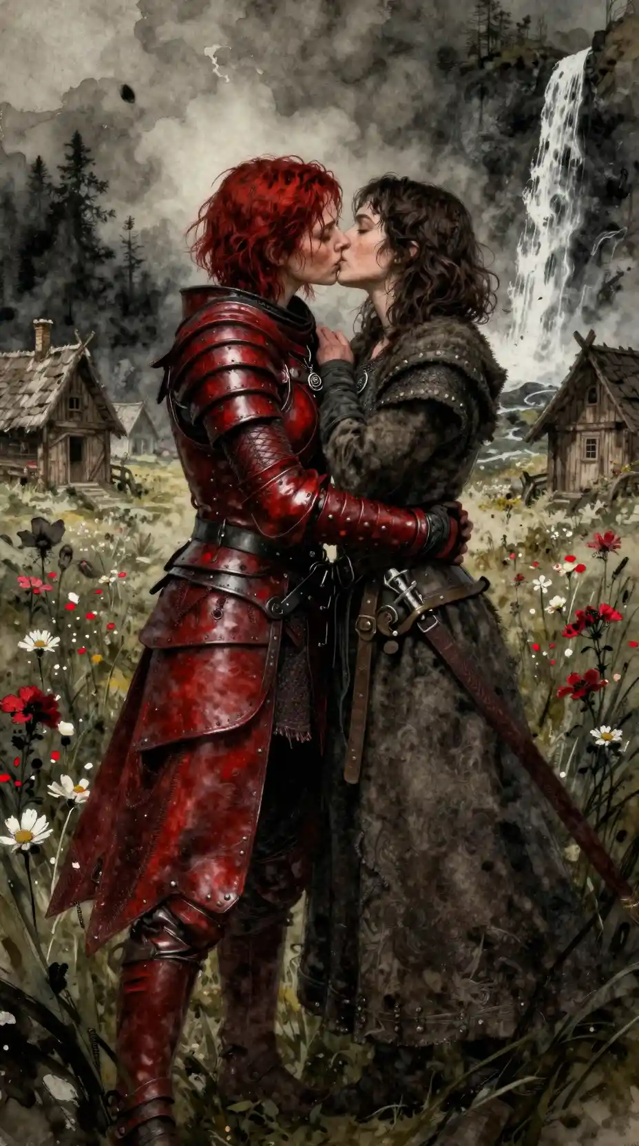 Warrior woman kissing villager in a medieval flower field