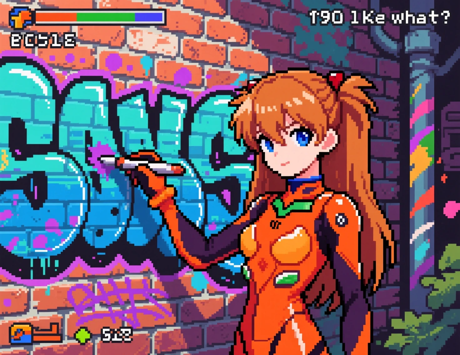 Pixel art anime girl painting graffiti on a brick wall