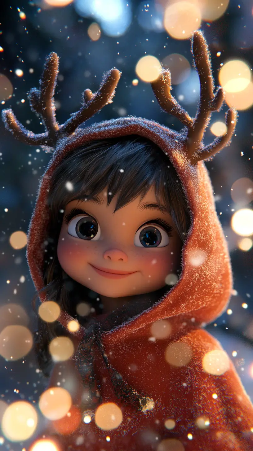 Cute girl in reindeer hood smiling in winter snow