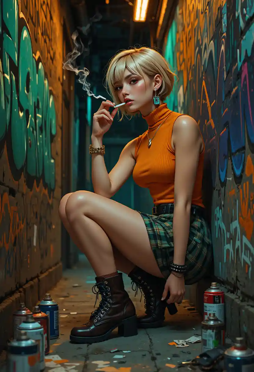 Blonde anime girl smoking in a gritty graffiti alley