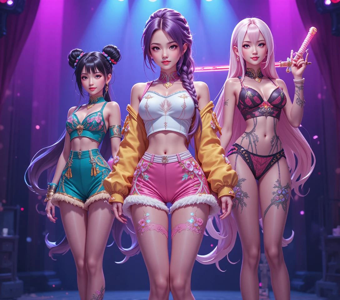 Full body anime idol trio with glowing fantasy weapons