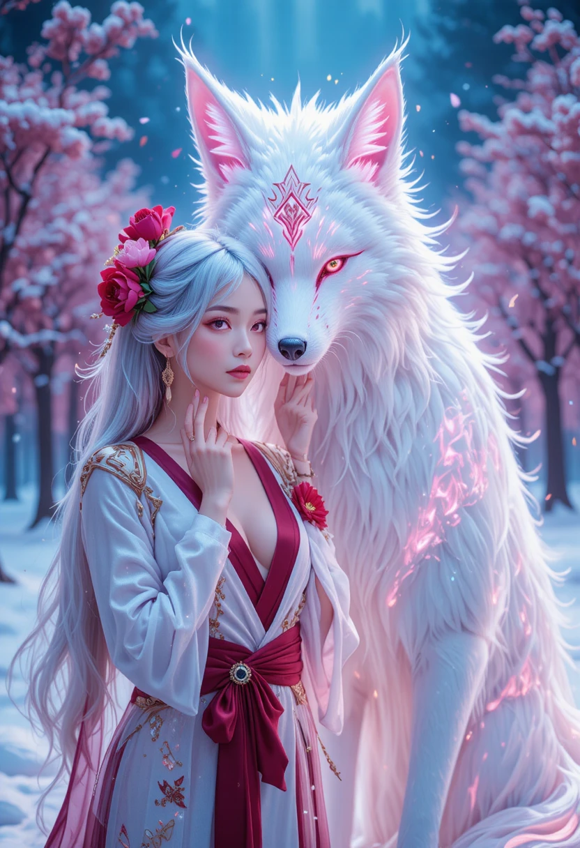 Silver haired priestess with spirit fox in snowy forest
