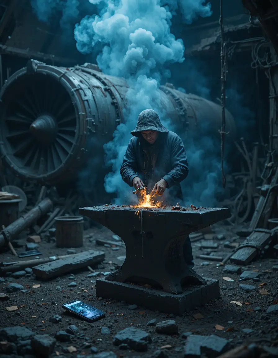 Blacksmith forging a sword on an anvil amid cold smoke