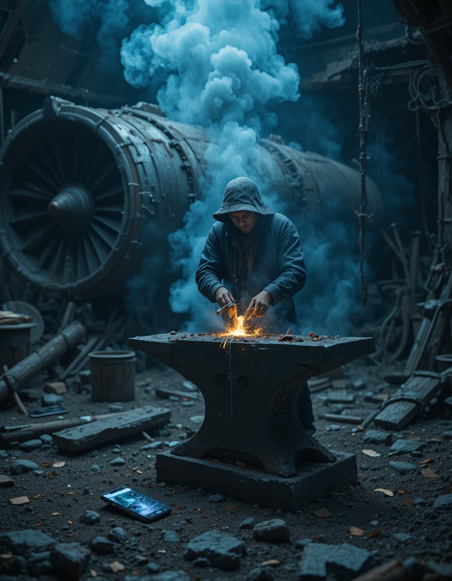 Blacksmith forging a sword on an anvil amid cold smoke