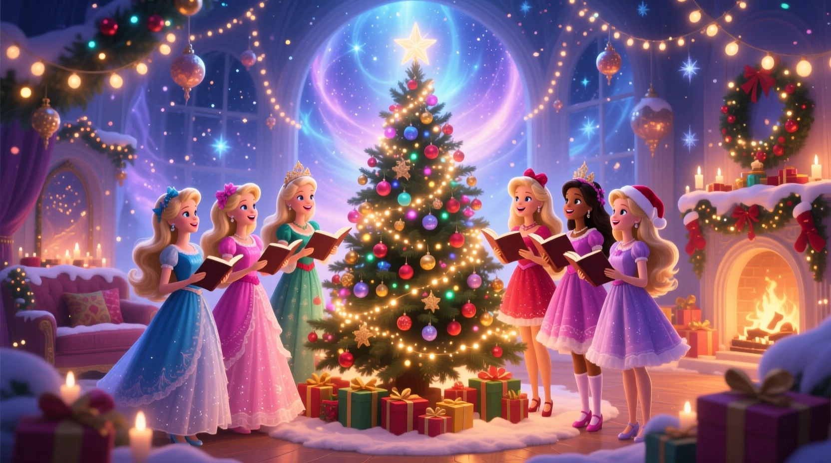Muñecas festivas reunidas alrededor de un árbol de Navidad resplandeciente