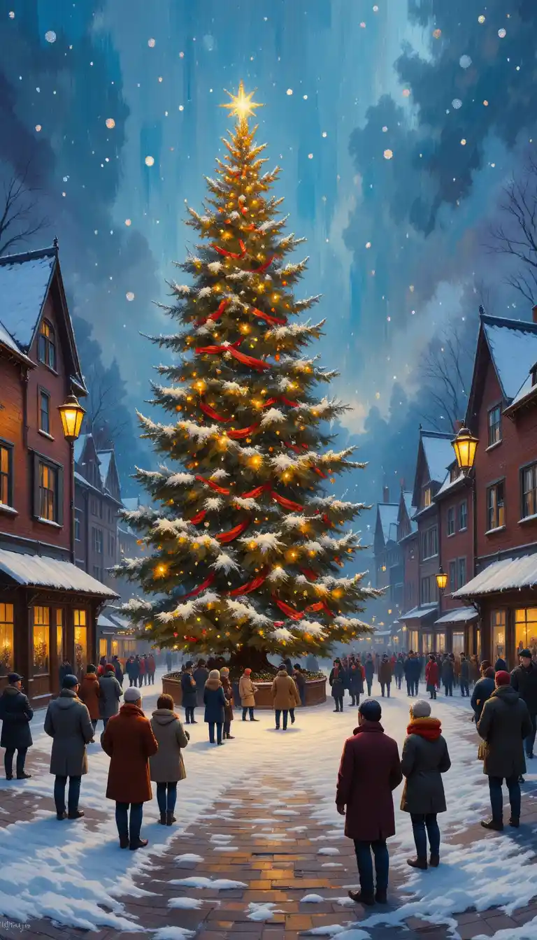 Snowy town square with glowing christmas tree at dusk
