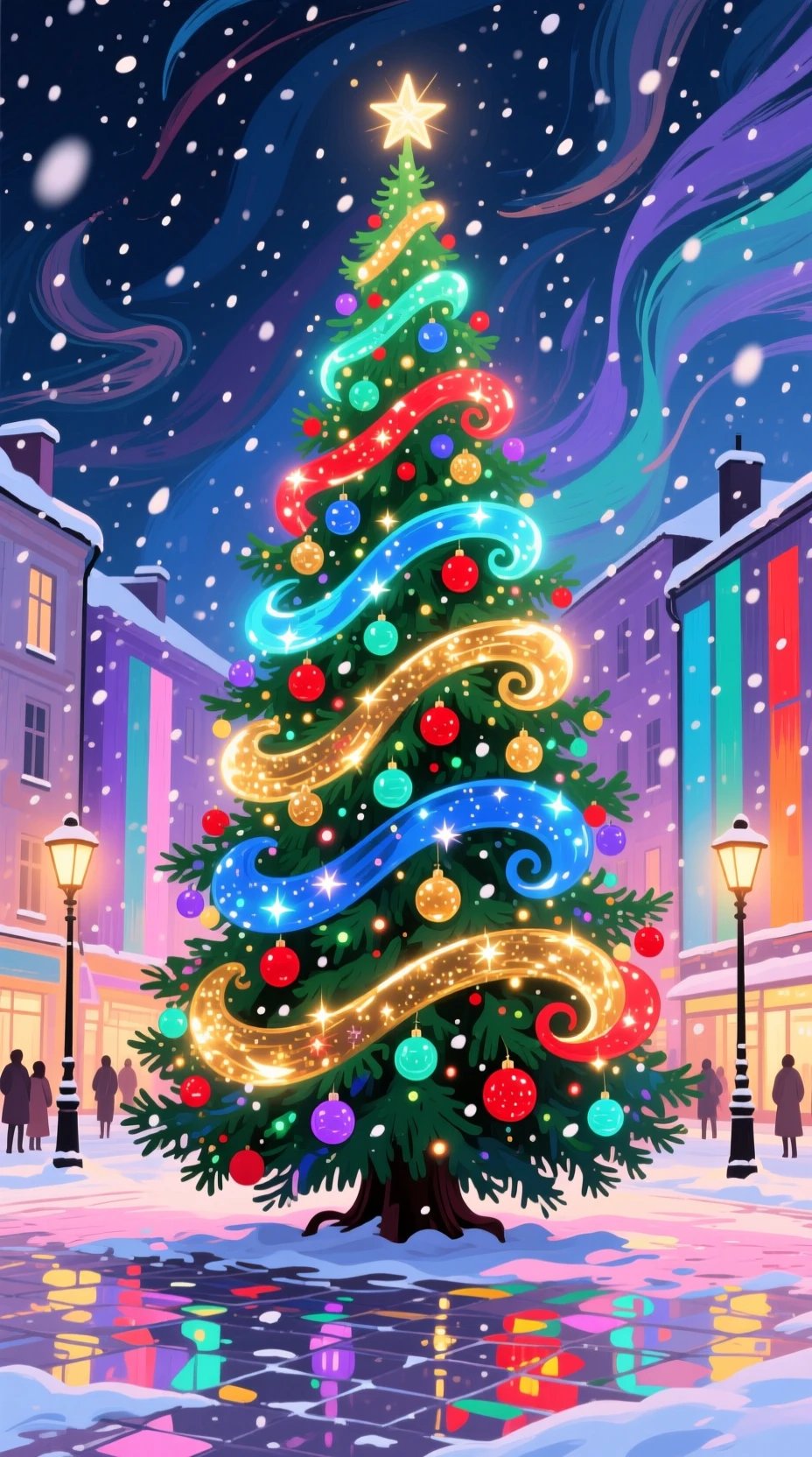 Abstrakter leuchtender Weihnachtsbaum auf einem festlichen Stadtplatz