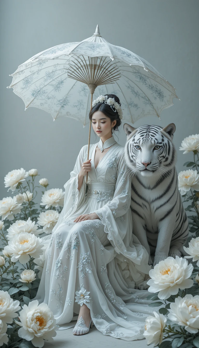 Serene figure with white tiger among blooming white flowers