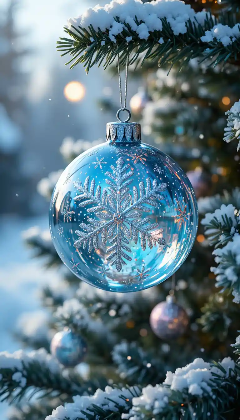 Glass snowflake ornament on a snowy outdoor Christmas tree