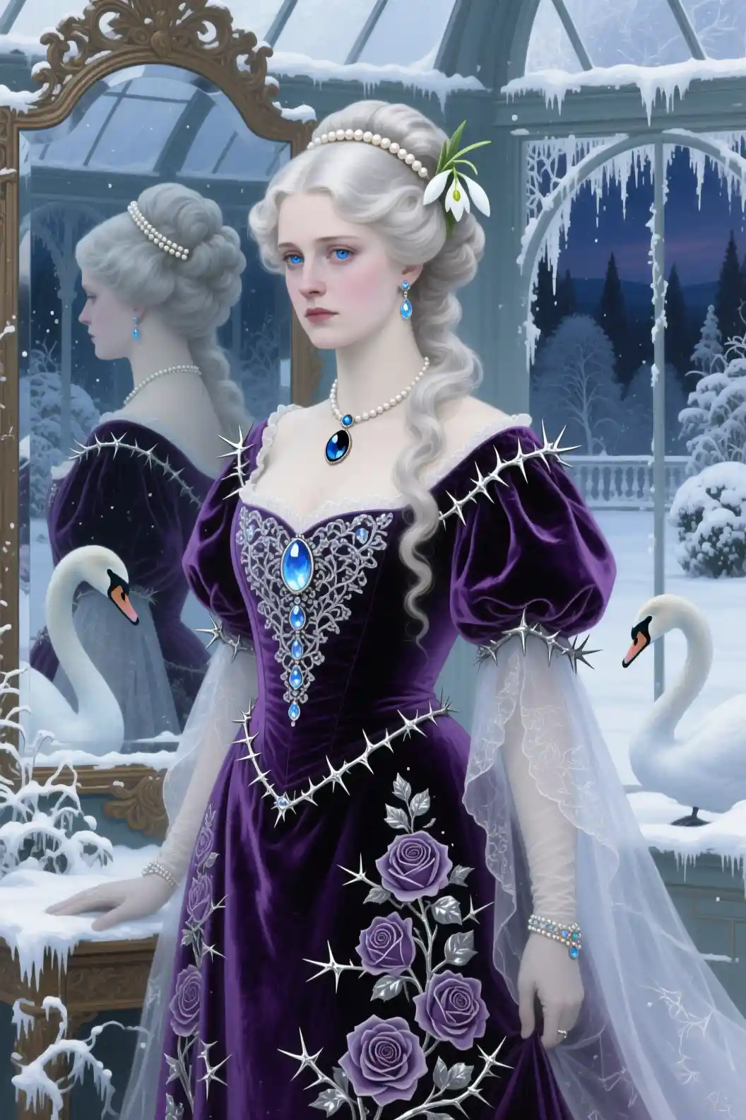 Winter princess in an opulent Edwardian glass conservatory