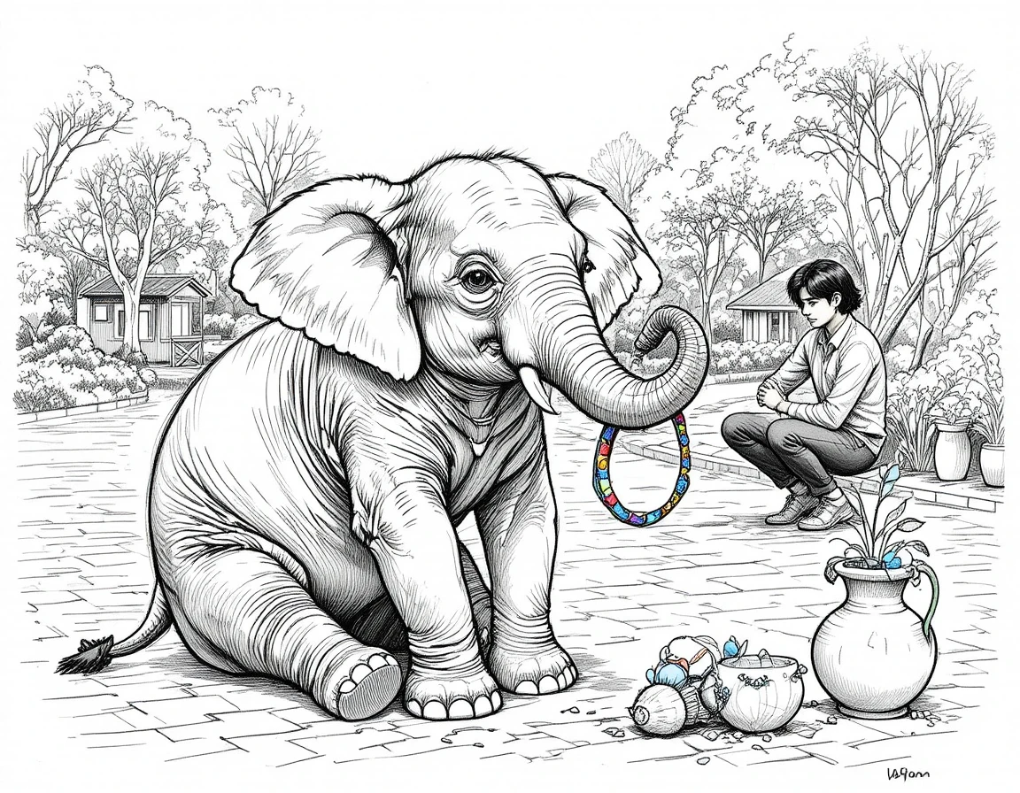 Giovane elefante che gioca con un cerchio colorato in un parco soleggiato