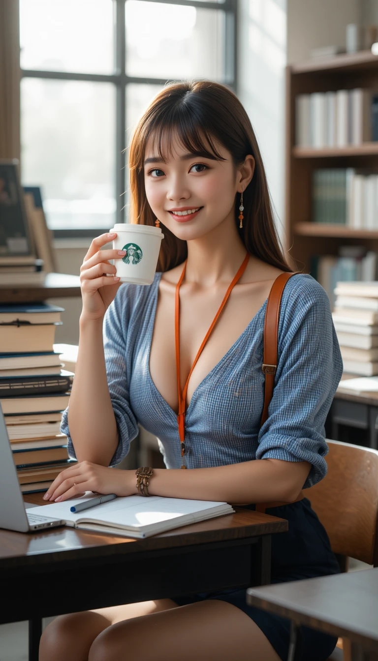 Smiling student with coffee in a modern classroom