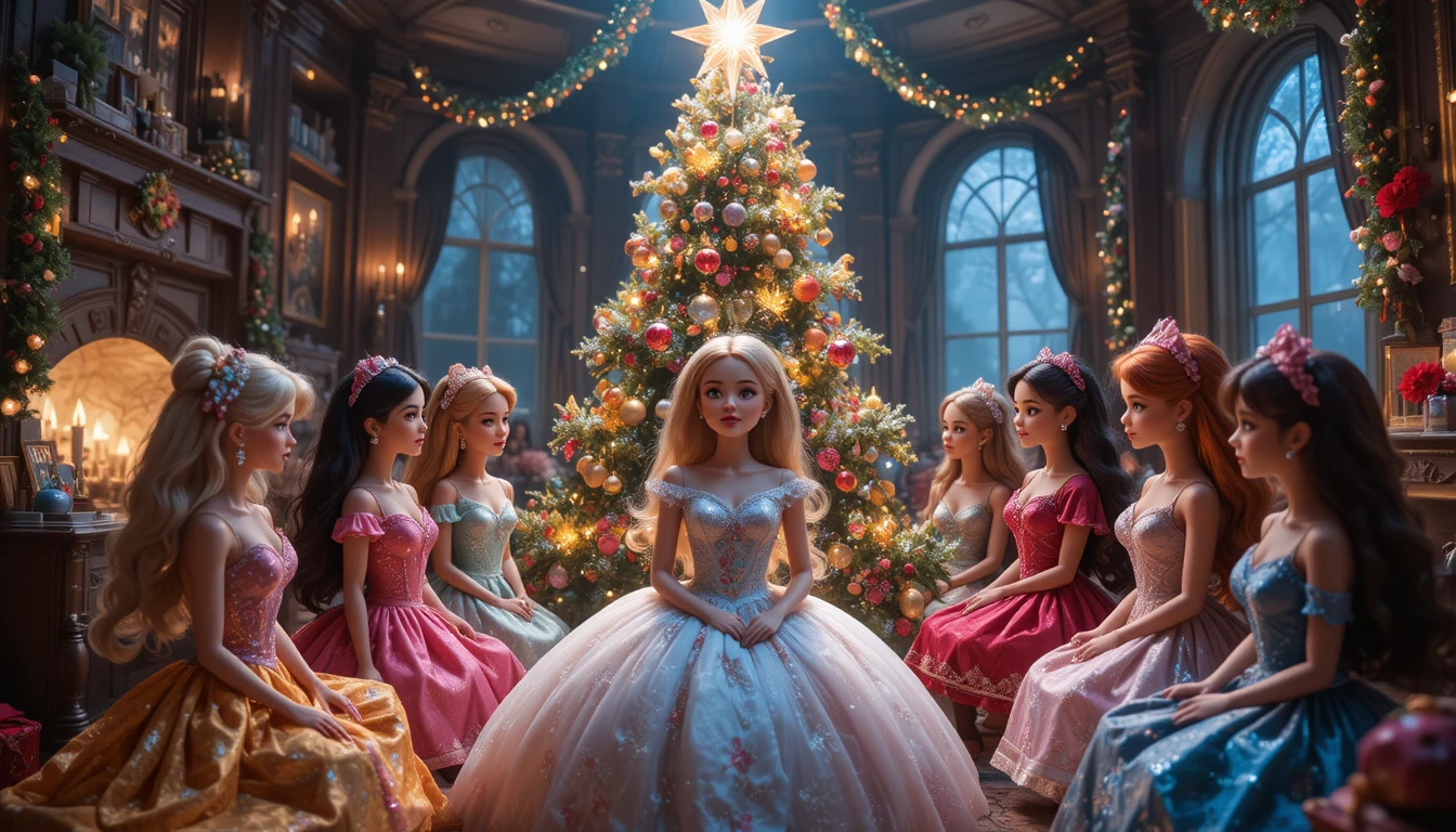 Muñecas navideñas reunidas alrededor de un árbol festivo resplandeciente