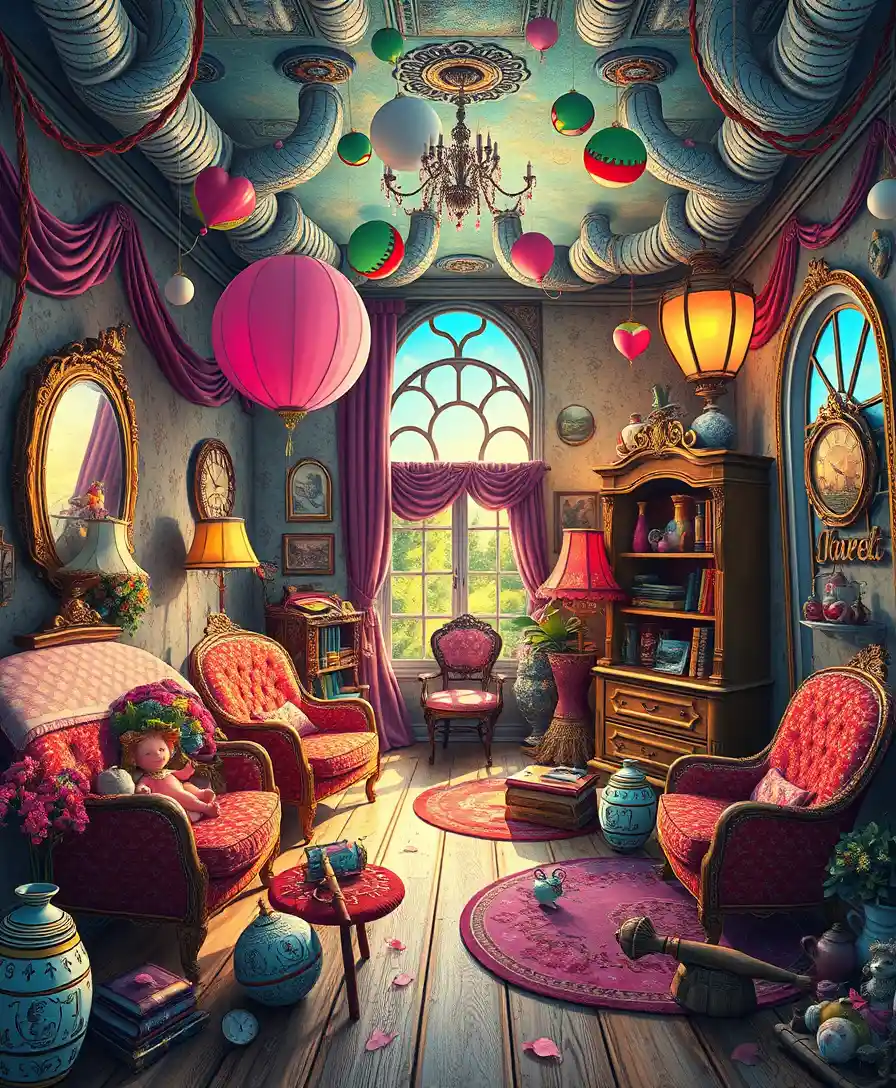 Whimsical popsurreal fantasy room where day has slipped away