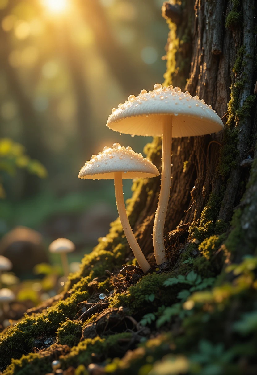 陽光灑落在長滿青苔樹幹上的柔嫩發光白色蘑菇