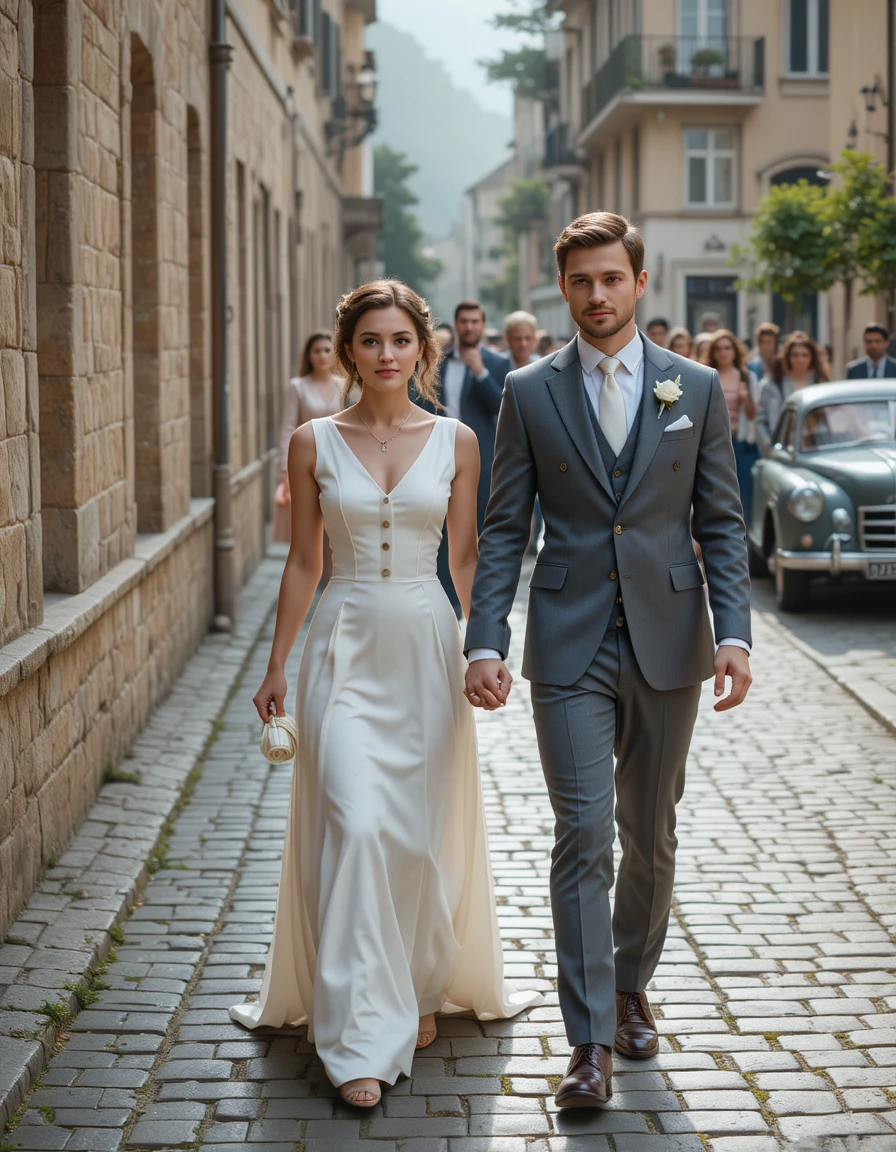 Vintage outdoor wedding couple walking down cobblestone street