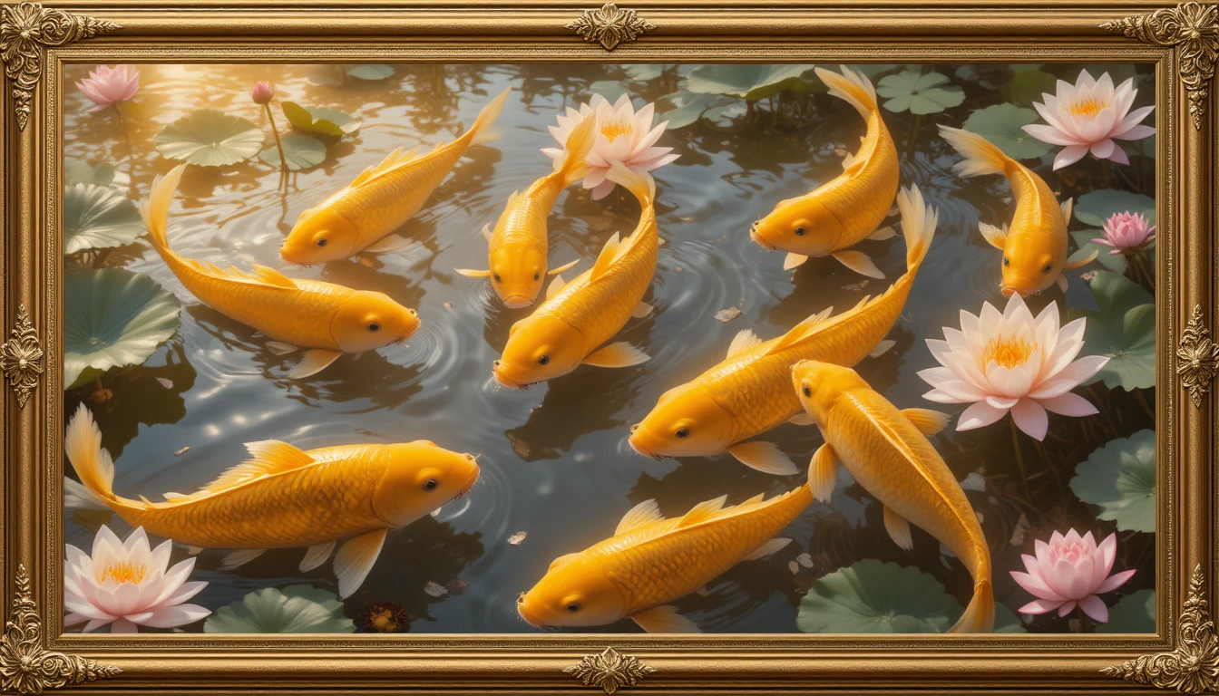Golden koi fish in a tranquil lotus pond with sunlight glow
