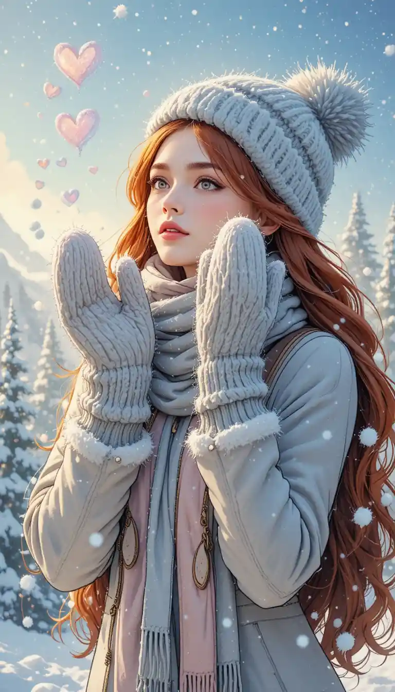 Girl with mittens catching heart shaped snowflakes in winter