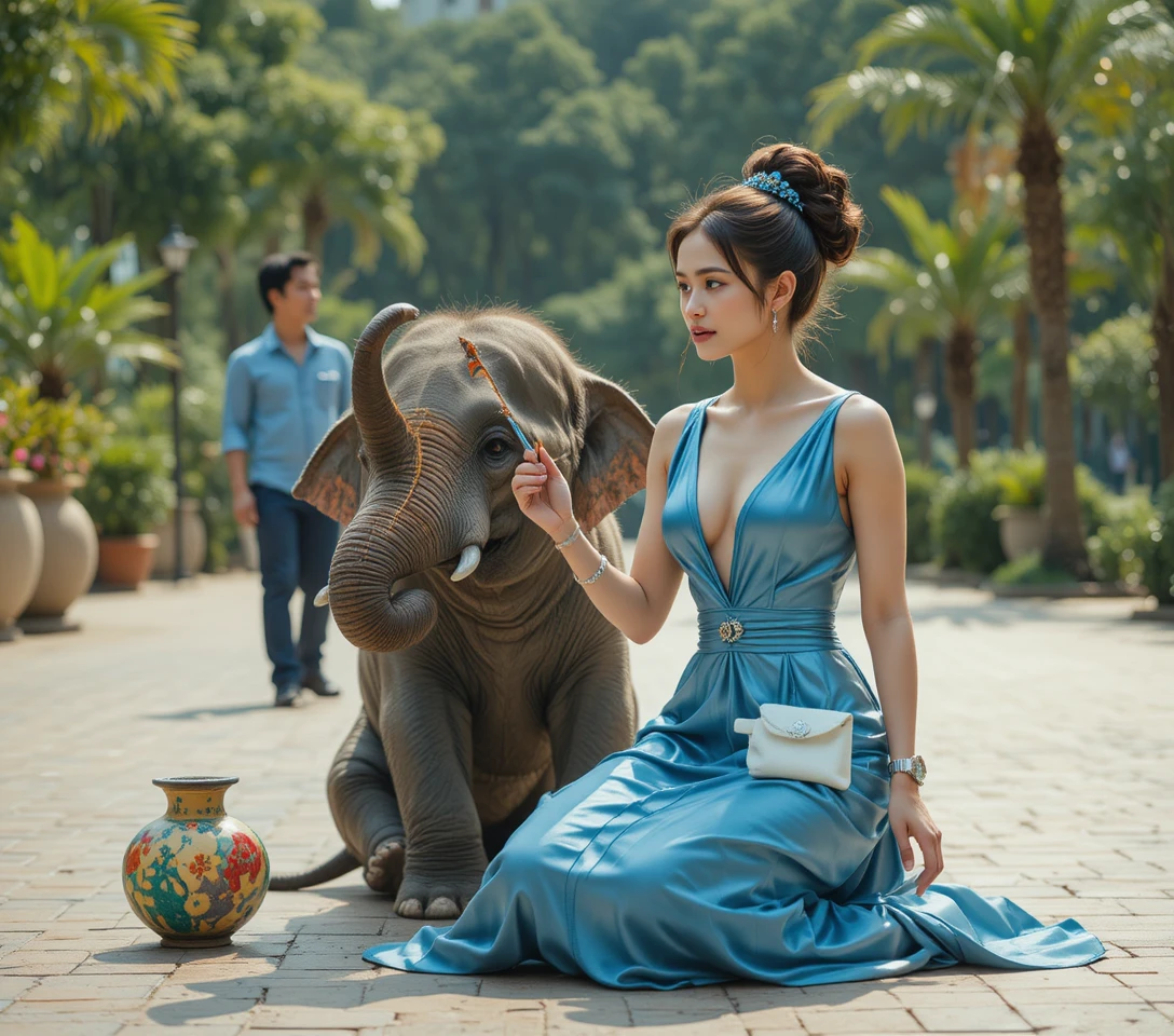 Giovane elefante giocherellone con cerchio colorato in un parco soleggiato
