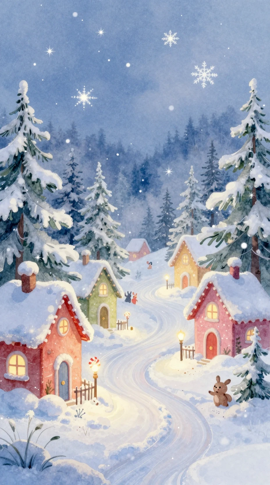 Whimsical winter village with candy colored cottages and snow