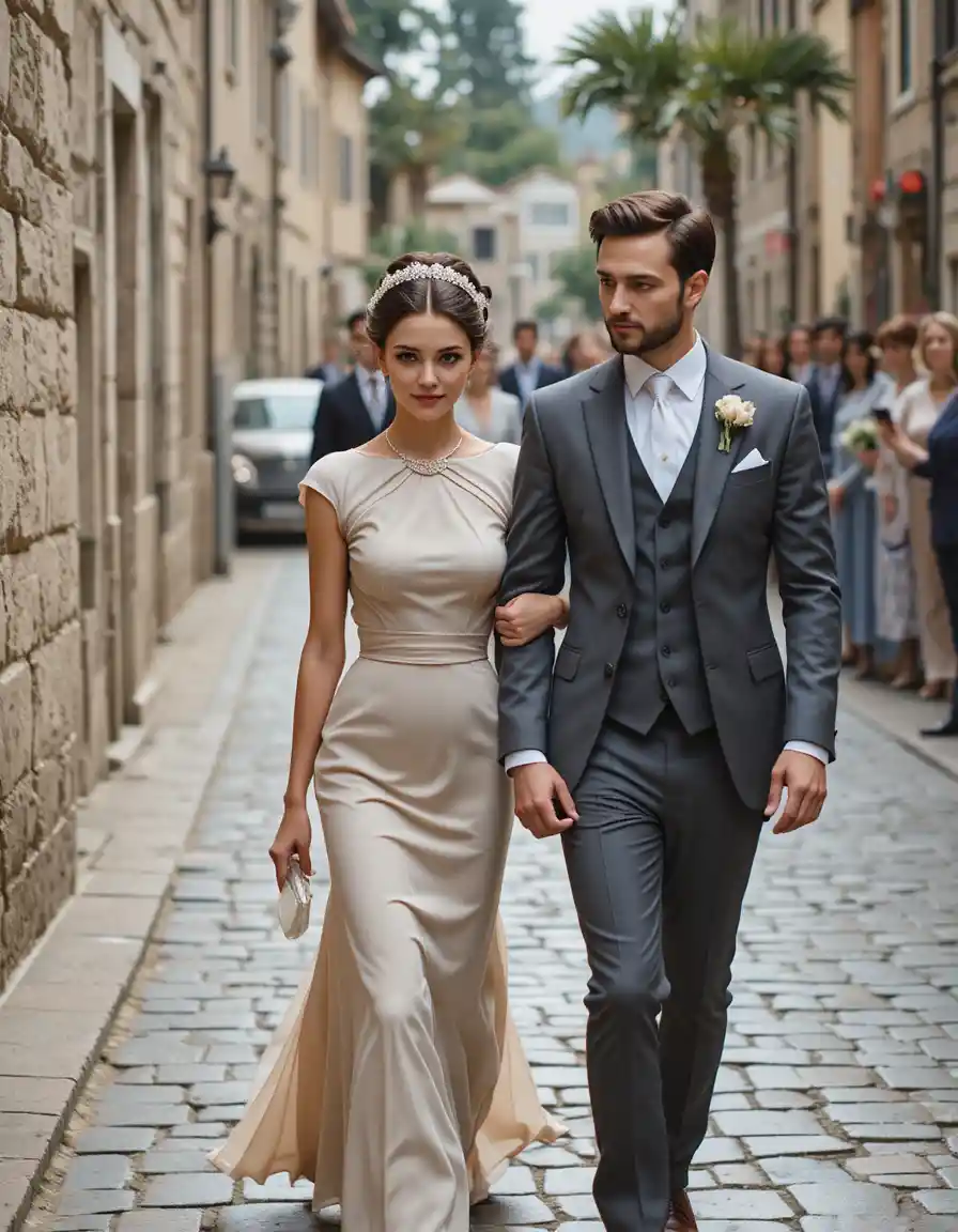 Vintage outdoor wedding couple walking on cobblestone street
