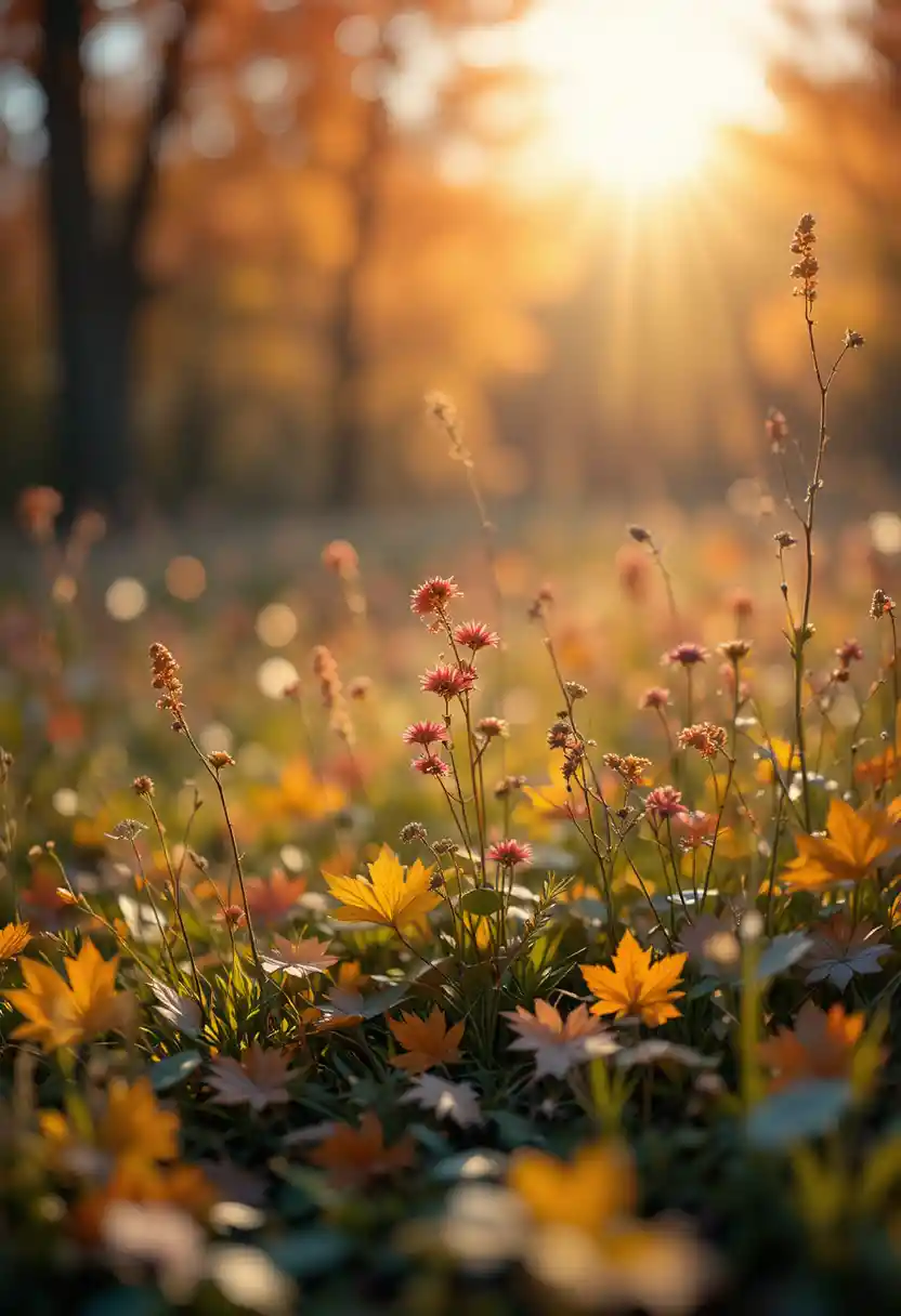 Backlit Autumn Wildflowers In A Glowing Meadow Landscape