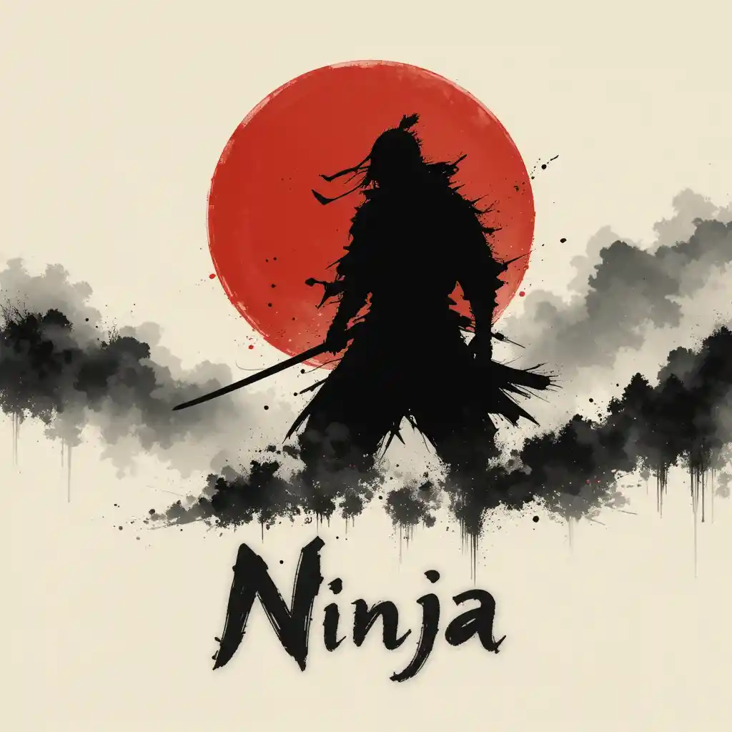 Minimalistische Ninja-Silhouette vor einer karminroten Sonnenlandschaft