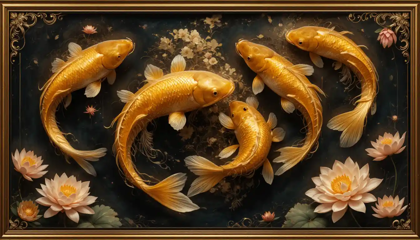 Peces koi dorados nadando junto a un loto dentro de un marco