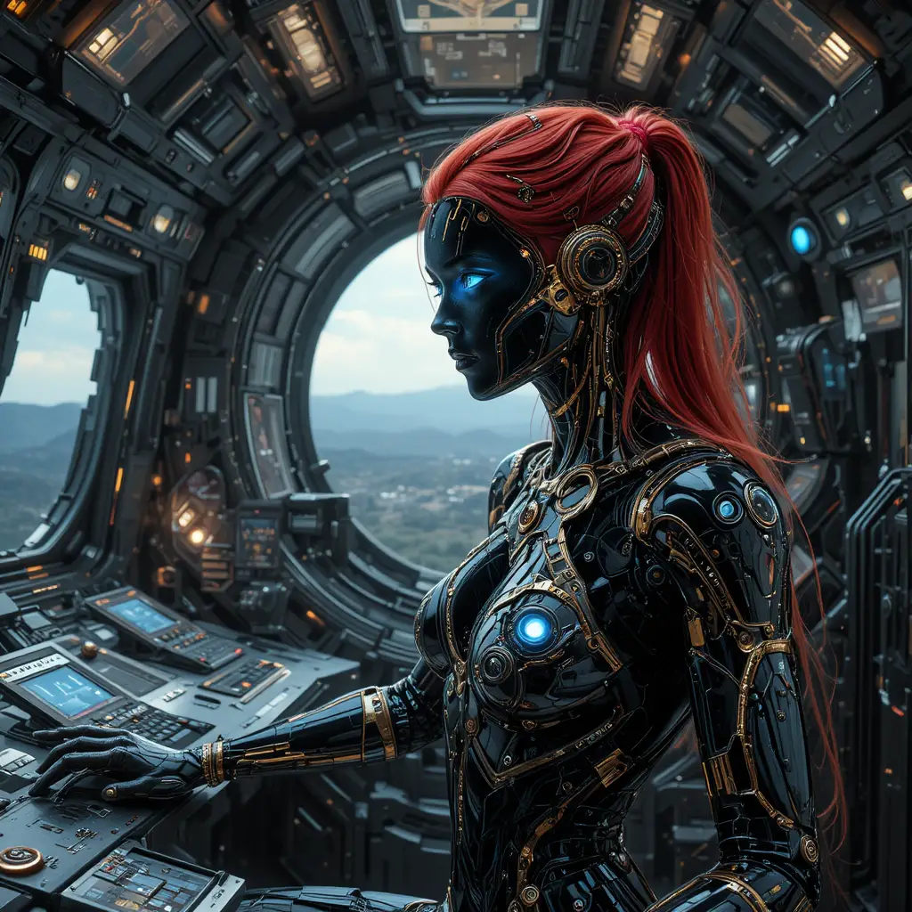 Female cyborg commander in a futuristic spaceship cockpit