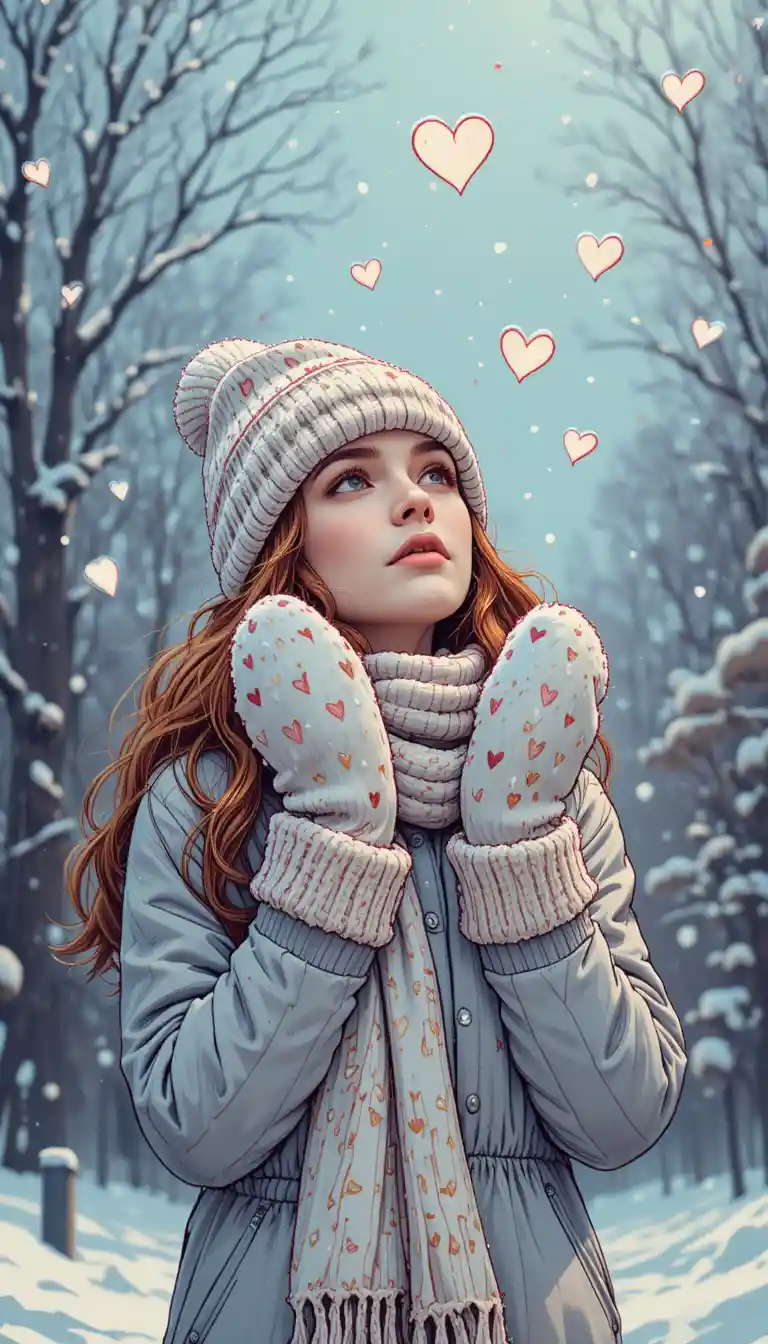 Fille en tenue d’hiver attrapant des flocons de neige en forme de cœur