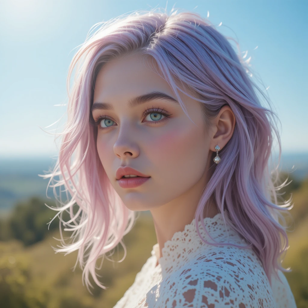 Young woman with pastel hair in soft outdoor portrait