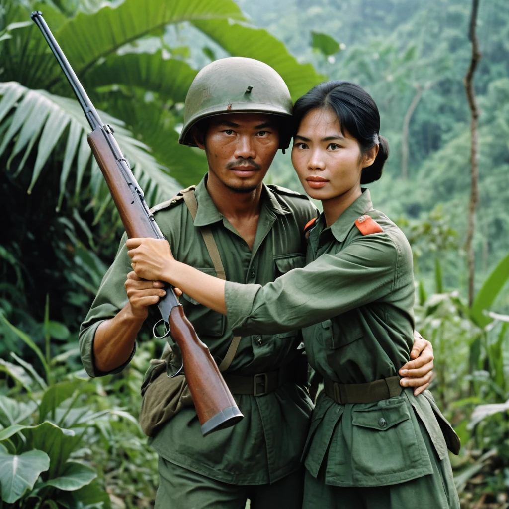Soldati del Vietnam del Nord e del Sud si allenano nella giungla rigogliosa