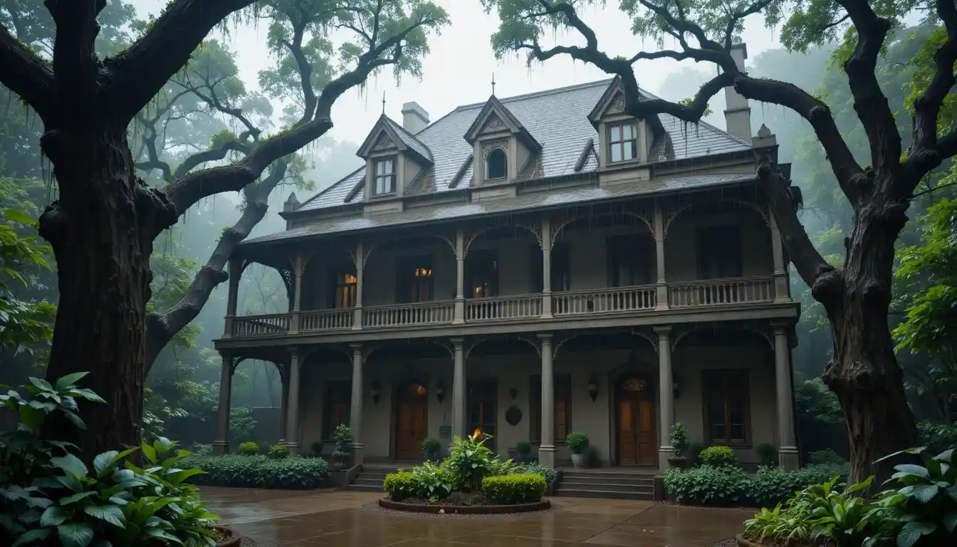 Gothic two story house with misty green courtyard