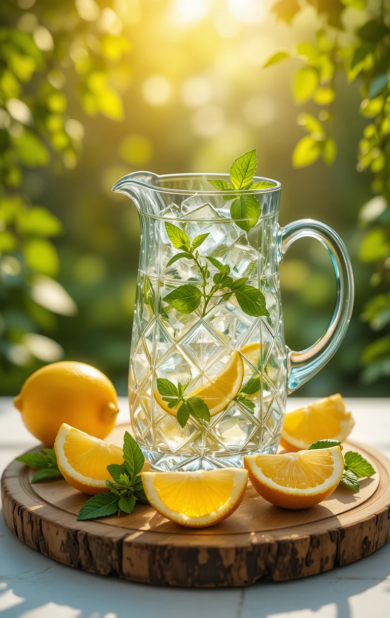 Caraffa di cristallo controluce con spicchi di limone e menta fresca
