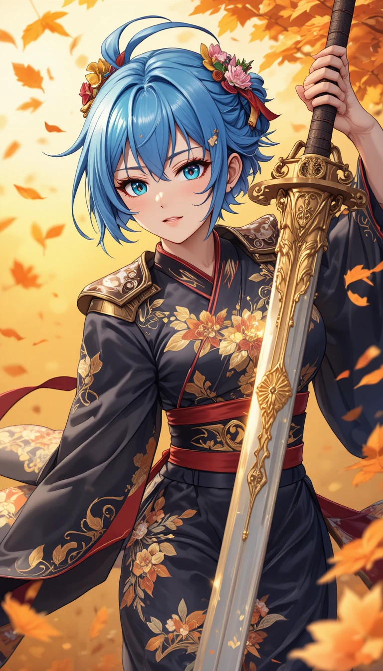Blue haired anime swordswoman in ornate kimono with autumn leaves