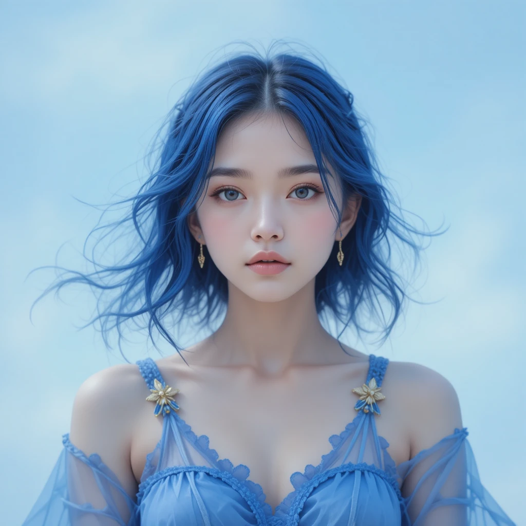 Ritratto sereno di donna dai capelli blu in un cielo da sogno