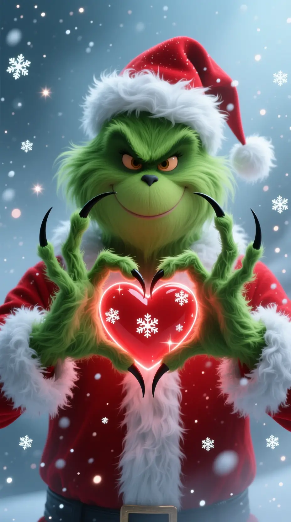 Mani pelose di mostro verde che formano un cuore di Natale luminoso