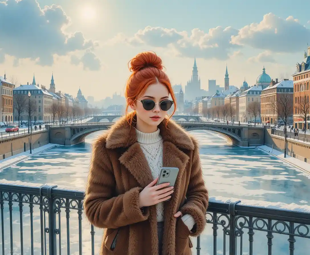 Red haired woman on a winter bridge in sunlight