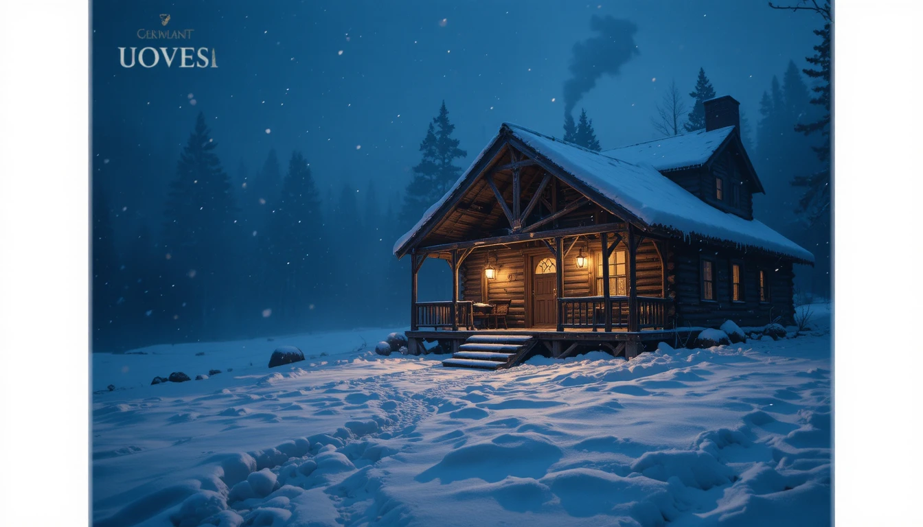 Cabana rústica brilhando à luz de lampiões na noite de inverno