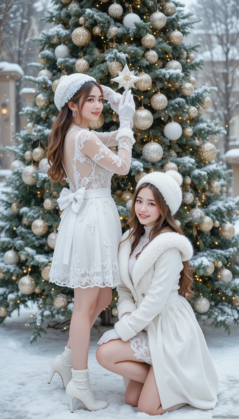 Two women decorating a snowy outdoor Christmas tree