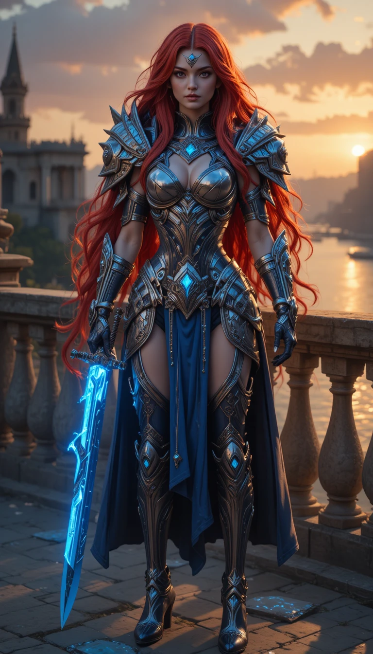 Red haired warrior woman on balcony at glowing sunset