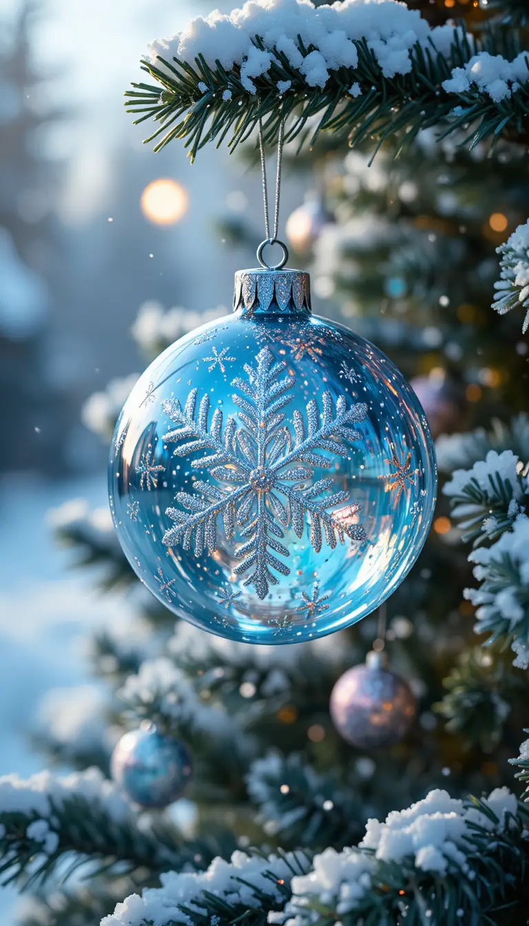 Glass snowflake ornament on a snowy outdoor Christmas tree