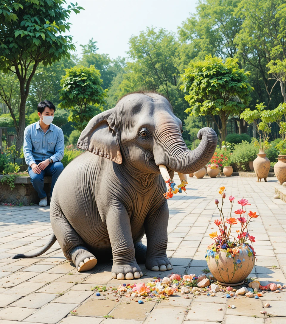 Jeune éléphant jouant avec un cerceau coloré en plein air