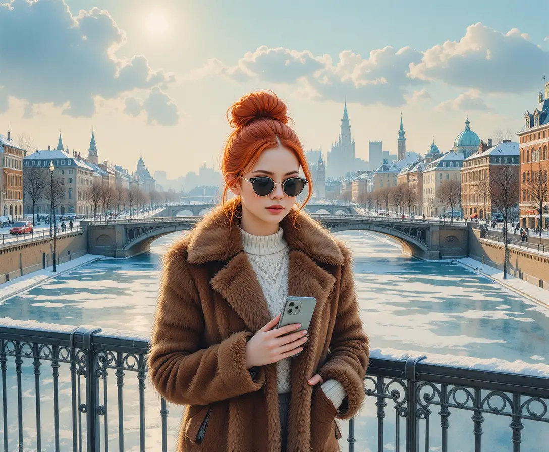 Red haired woman on a winter bridge in sunlight